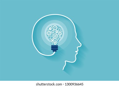 Human intelligence concept. Vector of a human head with idea light bulb inside made of gear mechanisms 