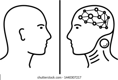 Human intelligence vs Artificial intelligence. Vector flat outline icon illustration isolated on white background.