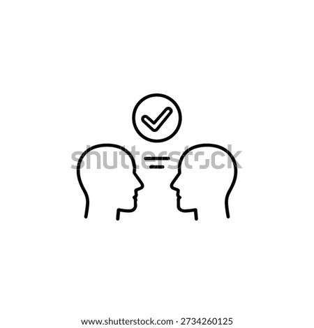 Human interaction agreement icon two people communication and mutual understanding with check mark black and white vector illustration
