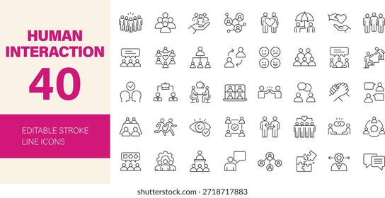 Human interaction icon set. Containing connect, network, friends, human relationships, communication, people, community, meeting and more. Editable line icons. Vector illustration.