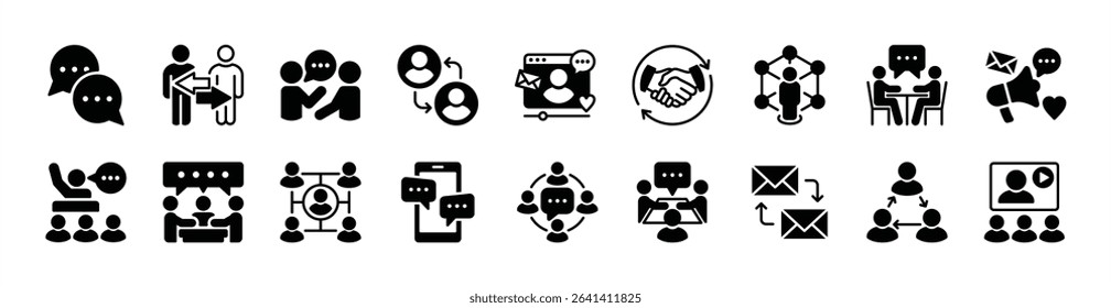 Human interaction icon set. Contains conversation, speech bubble, sharing, people connect, communication, collaboration, connectivity, social media, meeting, dialogue, message. Vector illustration