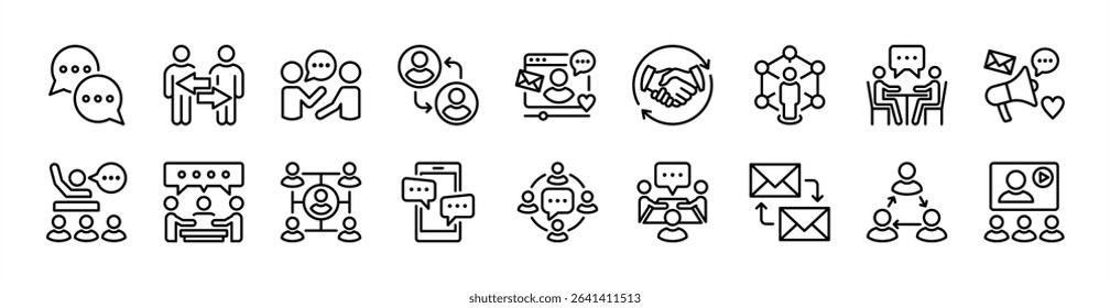 Human interaction icon vector set. Contains conversation, speech bubble, sharing, people connect, communication, collaboration, connectivity, social media, meeting, dialogue, message. Illustration