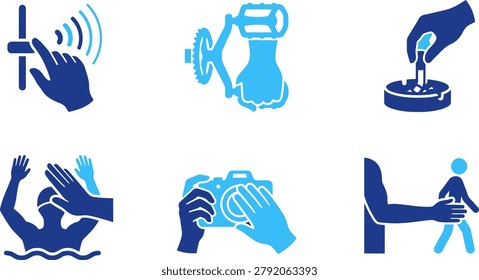 Human interaction icons, action gestures, touch screen, swimming, smoking, photography, walking, helping hand.