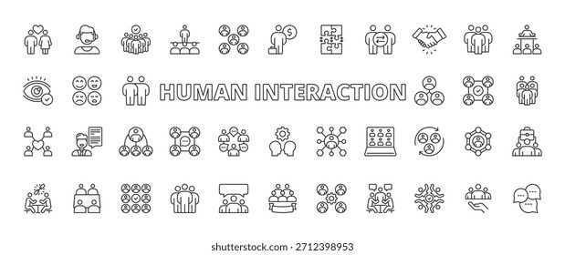 Ícones de interação humana no design de linha. Interação humana, comunicação, trabalho em equipe, conexão, colaboração, social no vetor de fundo branco. Ícones de traçado editáveis de interação humana