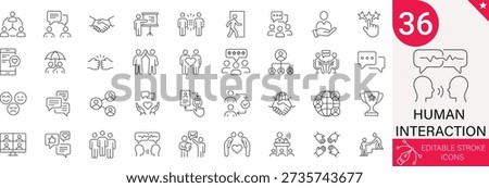 Human Interaction Icons Set. Communication, Teamwork, Meeting, Greeting, Collaboration, Relationship, Social, Connection. 36 Professional Line Icons with Editable Stroke. Ideal for Business