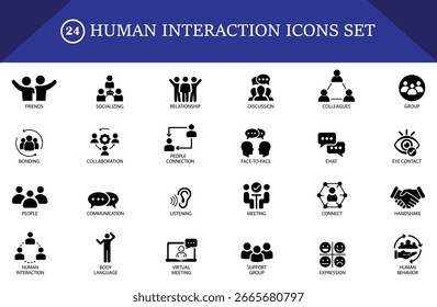 Human interaction icons set with people groups, meetings, teamwork, communication, discussion, and collaboration elements for UI, apps, and layouts.