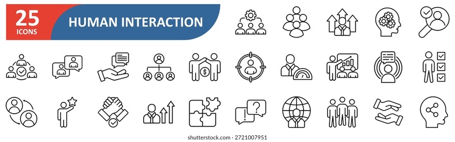 Conjunto de iconos editables de línea de interacción humana. Contiene iconos relacionados con interacción, conectar, red, amigos, relaciones humanas, comunicación, personas, redes