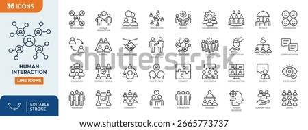 Human Interaction Line Editable Icons set. Containing communication, connection, chat, relationships, socializing, meetings, group, relationship and more. Editable stroke. Vector illustration