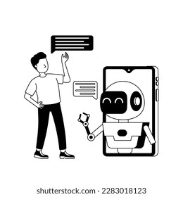 human interaction with robot on smartphone or chatbot artificial intelligence chatting with ai for answer of question black illustration