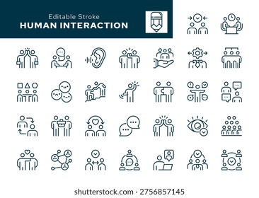 Human interaction. Set of outline icons. Communication, connection, friends, socializing, chat, mutual assistance, relationships, understanding, people and more. Line icon in linear style. Vector collection	
