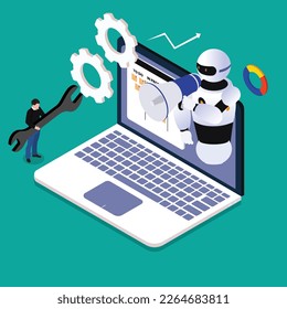 Human interactive tech interaction 3d isometric vector illustration concept for banner, website, landing page, ads, flyer template