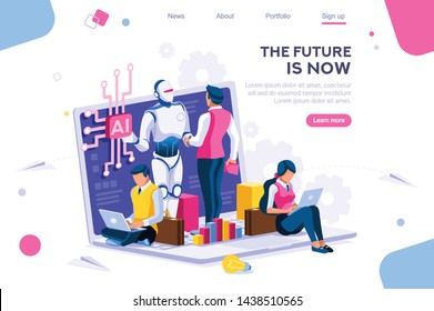 Human interactive tech interaction. Images of robot human working at office, can use for web banner, infographics, hero images. Flat isometric vector illustration isolated on white background