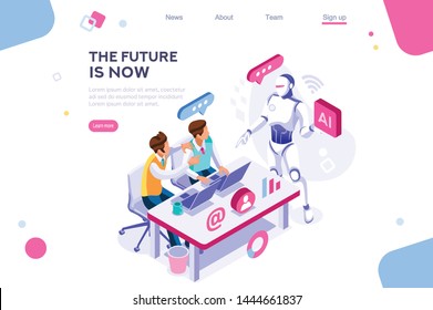 Human interactive tech interaction. Images of robot human working at office, can use for web banner, infographics, hero images. Flat isometric vector illustration isolated on white background