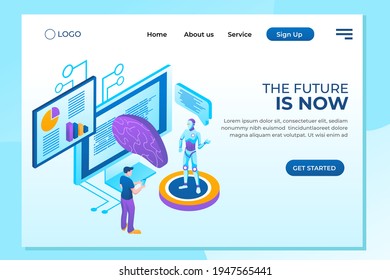 Human interactive tech interaction. Images of robot human working at office, can use for web banner, infographics, hero images. Flat isometric vector illustration isolated on white background.