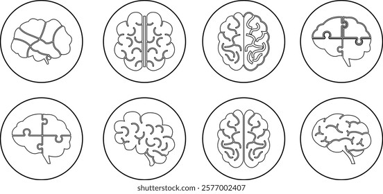 Human internal organ anatomy brain con Set. Brain mental healthcare sign collection flat and line vector isolated on transparent background. Science symbol skin layer intestine linear Pictogram.