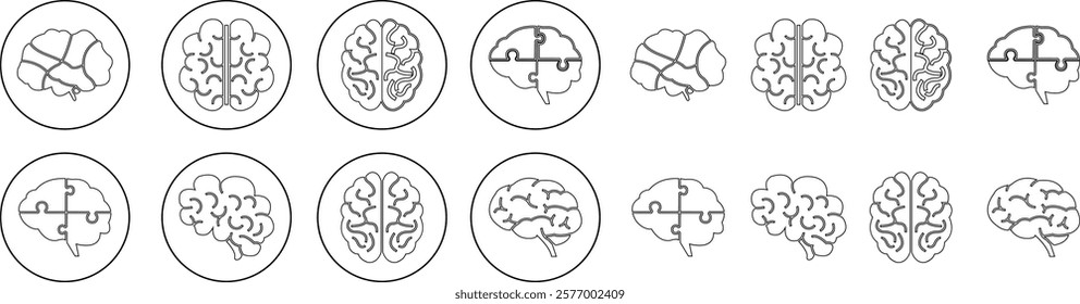 Human internal organ anatomy brain con Set. Brain mental healthcare sign collection flat and line vector isolated on transparent background. Science symbol skin layer intestine linear Pictogram.