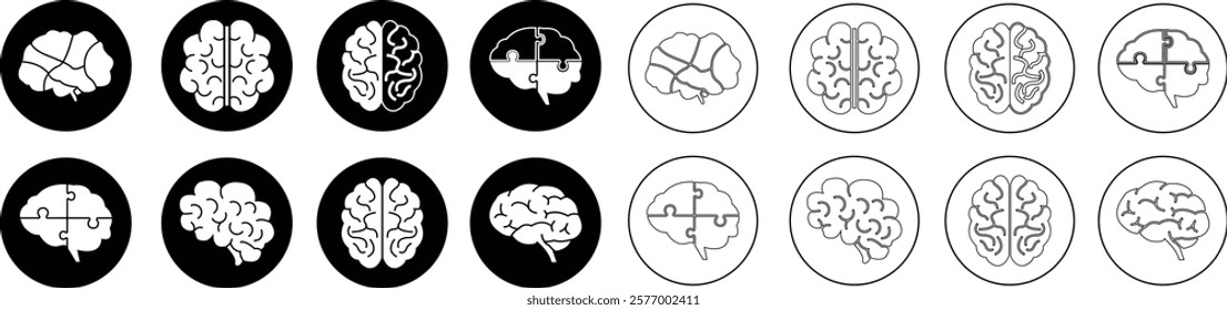 Human internal organ anatomy brain con Set. Brain mental healthcare sign collection flat and line vector isolated on transparent background. Science symbol skin layer intestine linear Pictogram.