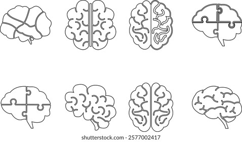 Human internal organ anatomy brain con Set. Brain mental healthcare sign collection flat and line vector isolated on transparent background. Science symbol skin layer intestine linear Pictogram.