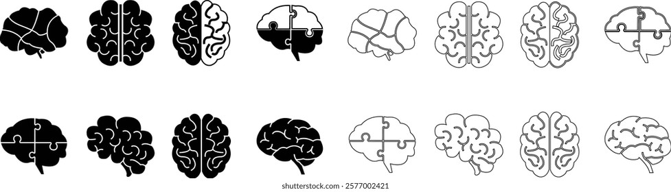 Human internal organ anatomy brain con Set. Brain mental healthcare sign collection flat and line vector isolated on transparent background. Science symbol skin layer intestine linear Pictogram.