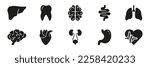 Human Internal Organ Anatomy Silhouette Icon Set. Tooth, Liver, Brain, Intestine, Lung, Heart, Stomach, Urinary System Glyph Pictogram. Medical Healthcare Icon. Isolated Vector Illustration.