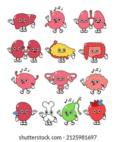 Human internal organs. Cartoon human organs, heart, liver, stomach, lungs, kidneys, pancreas, intestines, bladder, uterus, brain, spleen, bone, gallbladder. Internal organs vinage illustration set