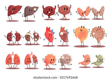 Human Internal Organs Healthy Vs Unhealthy Set Of Medical Anatomic Funny Cartoon Character Pairs Organism Parts In Comparison Happy Against Sick And Damaged