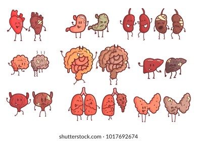 Human Internal Organs Healthy Vs Unhealthy Set Of Medical Anatomic Funny Outlined Comic Character Pairs Organism Parts In Comparison Happy Against Sick And Damaged
