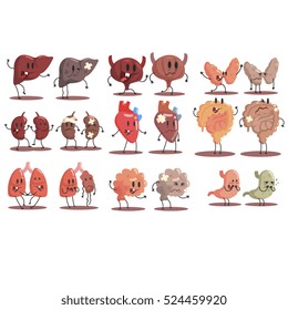 Human Internal Organs Healthy Vs Unhealthy Set Of Medical Anatomic Funny Cartoon Character Pairs Of Organism Parts In Comparison Happy Against Sick And Damaged