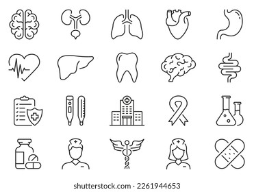 Human Internal Organs Line Icon Set. Medicals Linear Pictogram. Emergency Healthcare Outline Icon. Pharmacy Medical Clinic. First Aid. Editable Stroke. Isolated Vector Illustration.