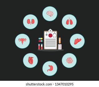 Human internal organs and medical element on a black background