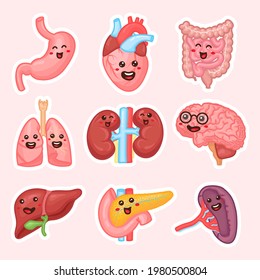 Human internal organs patches design. Funny human body organs stickers. Kidneys, liver, pancreas, intestines, spleen, Heart, brain and lungs. Anatomy funny print. Children education patch set.