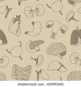Human internal organs seamless pattern, medicine and health background on beige background