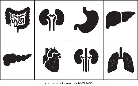 Human internal organs vector icon illustration in a clean and minimalist black silhouette style. This icon set features essential body organs including heart, lungs, liver, stomach, kidneys, intestines, and pancreas. Suitable for medical and healthcare concepts, anatomy diagrams, biology education, hospital presentations, health infographics, educational materials, mobile apps, and website design.