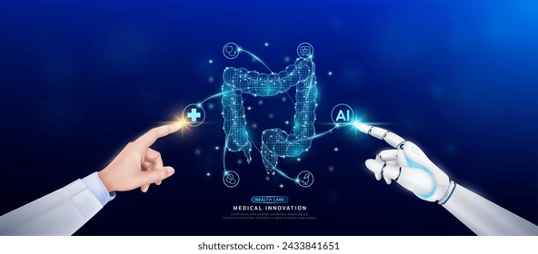 Human intestine in atom. Doctor and robot finger touching icon AI cross symbol. Health care too artificial intelligence cyborg or technology innovation science medical futuristic. Banner vector EPS10.