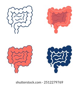 Human intestine icon set in flat and line style. Internal body organ, digestive system. Vector illustration.