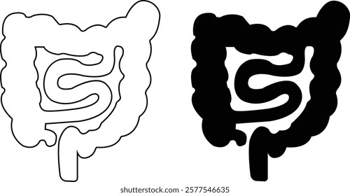 Human intestine line and flat icon set. Gastric organ, digestive intestine illustration sign. Human body related internal organ. Anatomical intestine symbol on isolated transparent background.