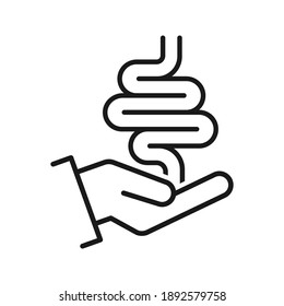 Human intestine on hand icon vector. Care, rescue, treatment, disease prevention symbol. Color editable