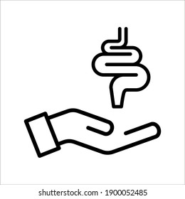 Human intestine on hand icon. Treatment, disease prevention symbol on white background. color editable