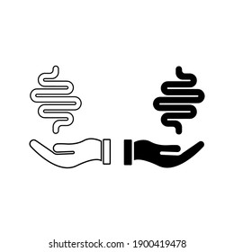 Human intestine on hand icon. Treatment, disease prevention symbol