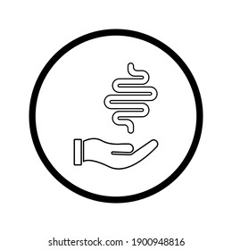 Human intestine on hand icon. Treatment, disease prevention symbol