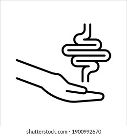 Human intestine on hand icon. Treatment, disease prevention symbol on white background. color editable