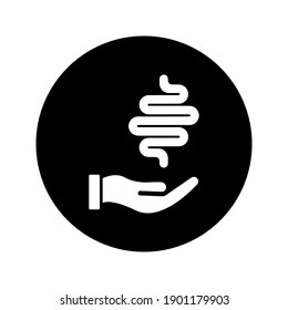 Human intestine on hand icon. Treatment, disease prevention symbol
