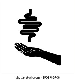 Human intestine on hand icon. Treatment, disease prevention symbol on white background. color editable