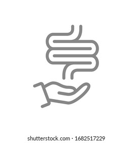 Human intestine on hand line icon. Treatment, disease prevention symbol