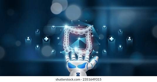 Human intestine organ inside cube float in doctor robot hand. Health care system innovative technology medical futuristic AI artificial intelligence cybernetic robotics. Bokeh light background. Vector