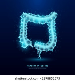 Triángulos de poli bajo translúcido del intestino humano sobre fondo azul oscuro. Anatomía futurista de órganos brillantes. Tecnología innovadora. Concepto médico y científico de la atención de la salud. EPS10 vectores.