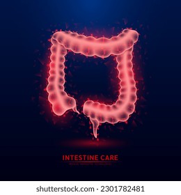 Human intestine red translucent low poly triangles on dark blue background. Futuristic glowing organ anatomy. Innovative technology. Health care medical and science concept. Vector EPS10.