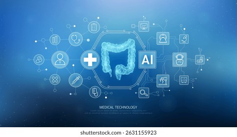 Human intestine translucent with medical network icons on blue background. Artificial intelligence (AI) in health care technology. Innovation in digital health smart medical diagnostics. Vector. 
