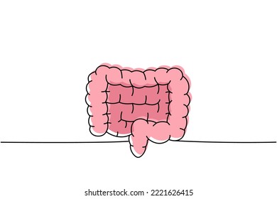 Der menschliche Darm ist eine einzeilige, durchgehende Zeichnung. Menschliches Organ kontinuierlich bunt eine Linie Illustration. Lineare Vektorgrafik minimalistisch.