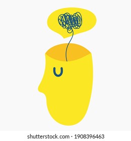 Human intricate thoughts. Flat psychology illustration. Complicated line from head. Depression and mental health. Yellow color vector